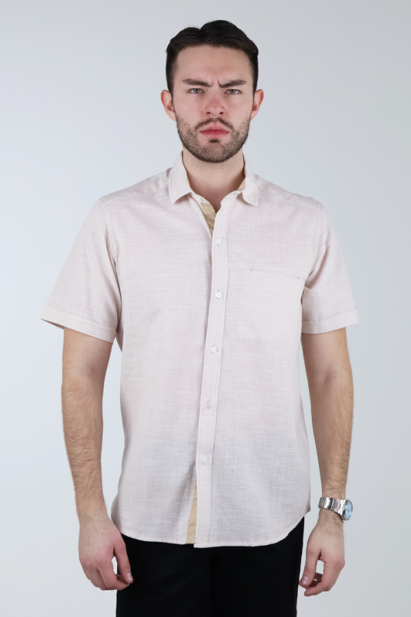 Camisa Casual Hombre Manga Corta Color Arena Con Bolsillo Oculto Invisible